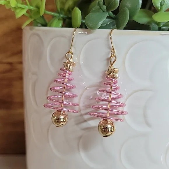PINK COIL TREE CHRISTMAS EARRINGS - Picture 3 of 8